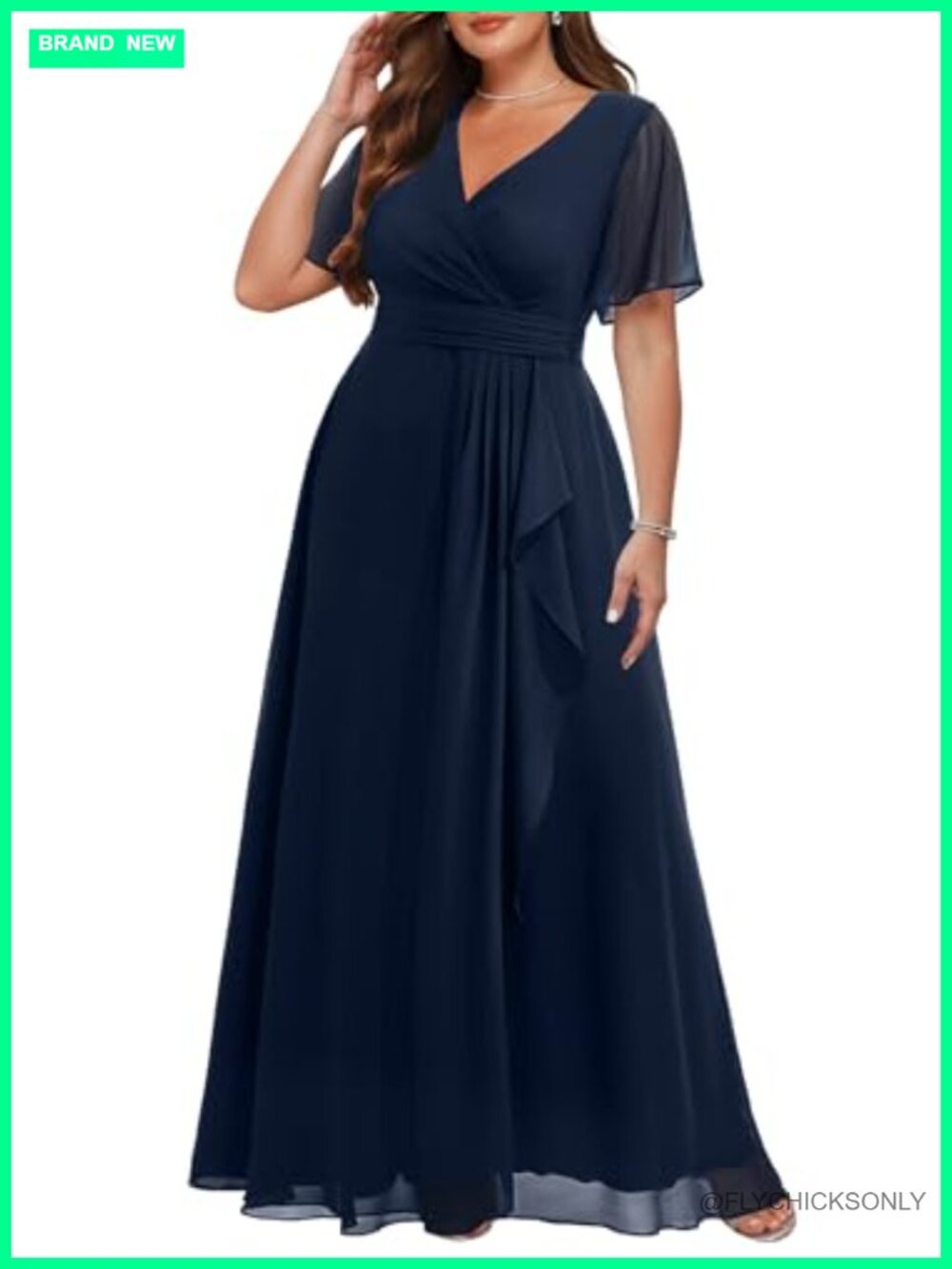 Plus Size Formal Chiffon Dress V Neck Ruffle Long Wedding Guest